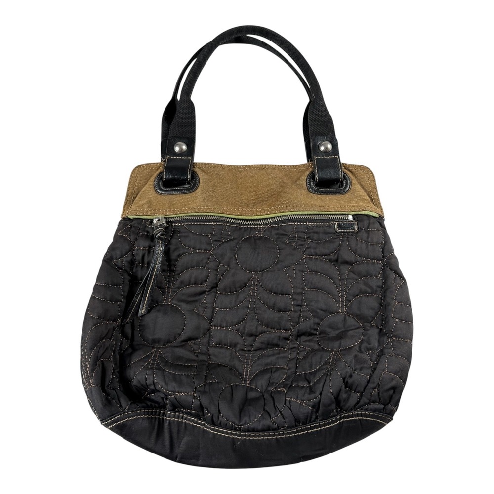 Fossil Key-Per Quilted Floral Nylon Canvas Tote Shoulder Bag Brown Green